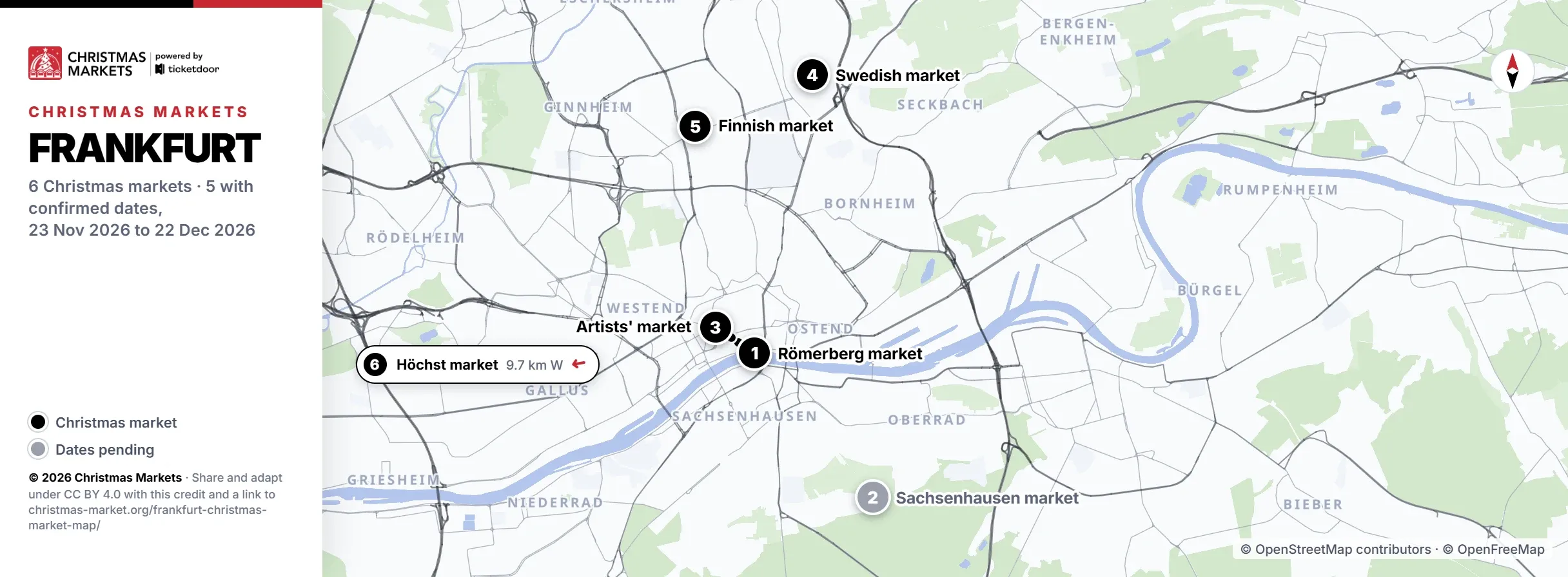 Frankfurt Christmas market map with the 6 markets numbered