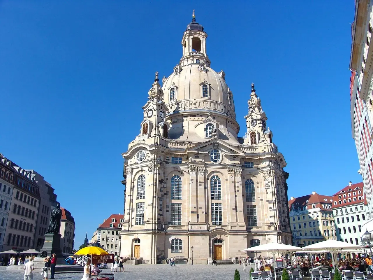 The dome of the Frauenkirche above the cafe terraces of the Neumarkt in Dresden