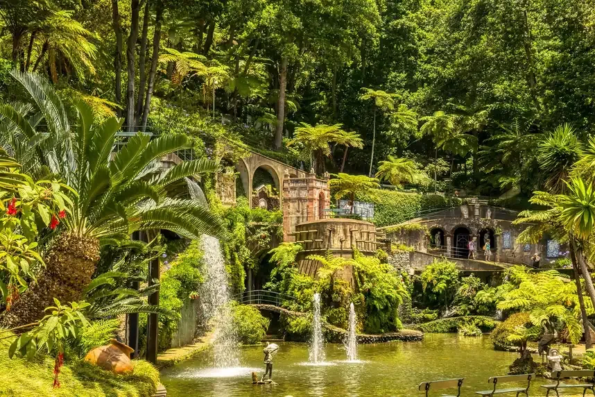 Waterfalls and terraces in the Monte Palace Tropical Garden in Funchal