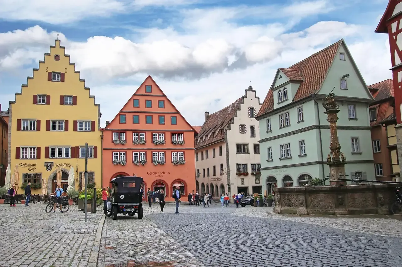 Gabled houses and the fountain column on the market square of Rothenburg ob der Tauber