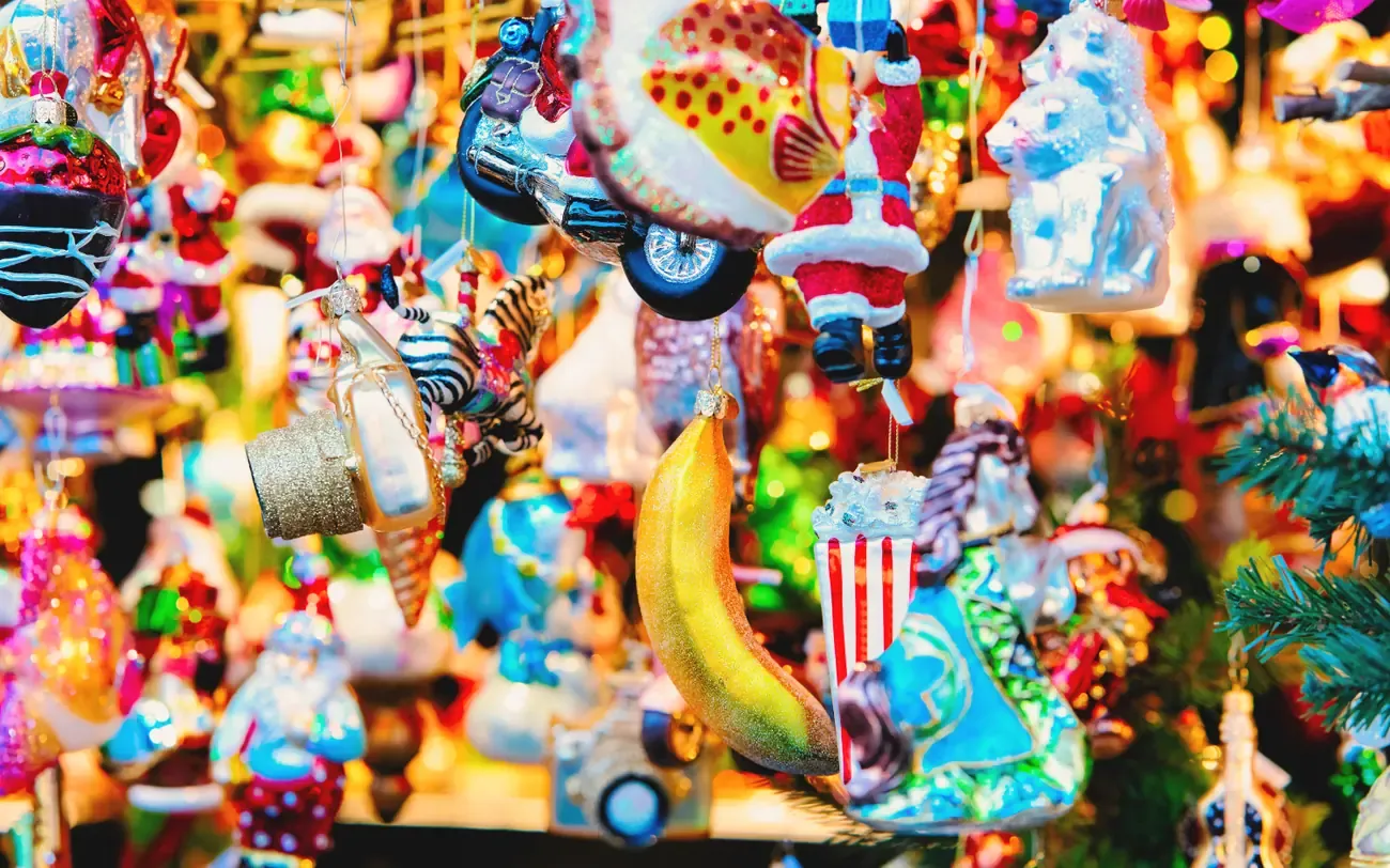 Colorful glass baubles and figures for sale at the Gendarmenmarkt Christmas market in Berlin