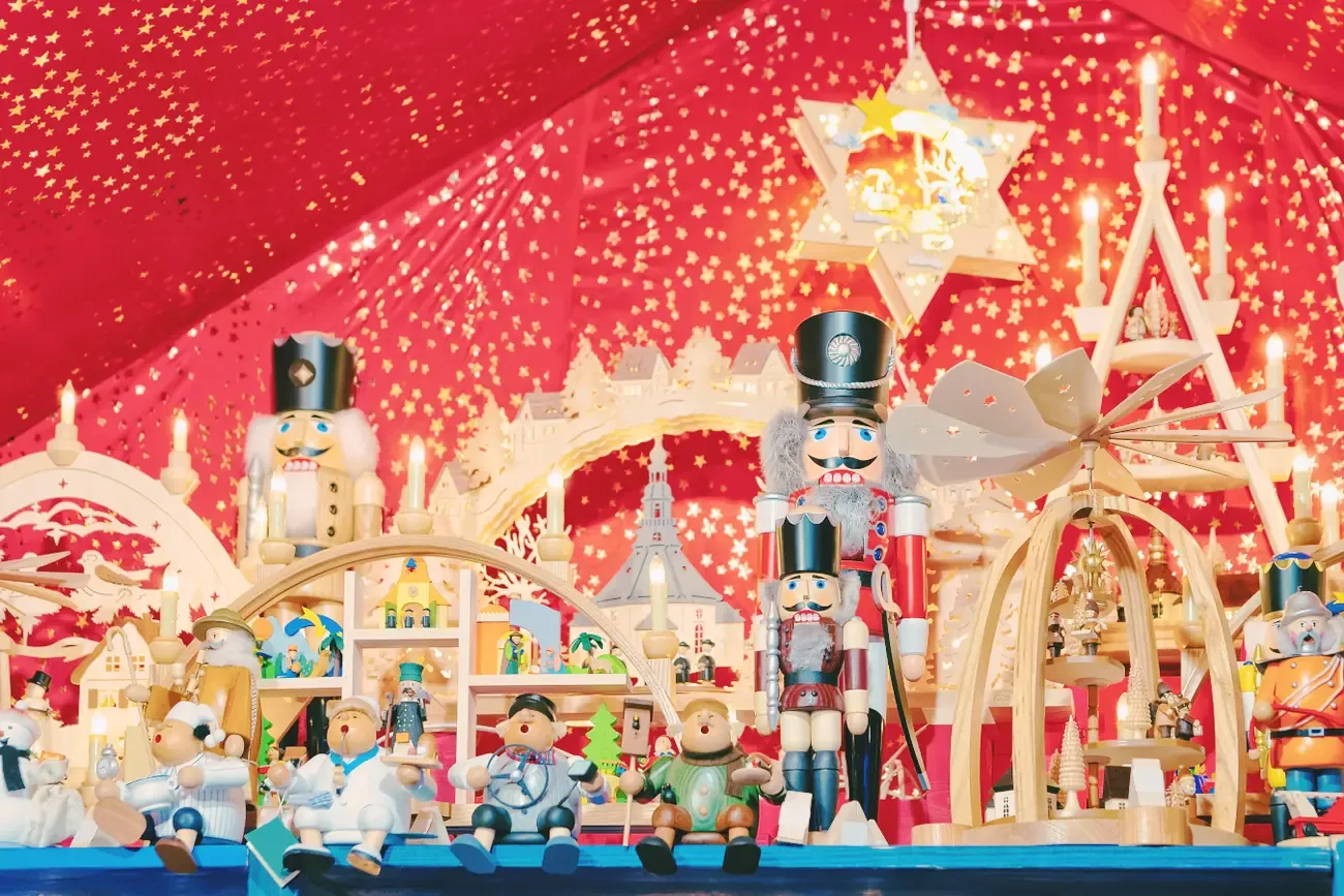 Wooden nutcrackers and Christmas pyramids on display at the Gendarmenmarkt Christmas market in Berlin