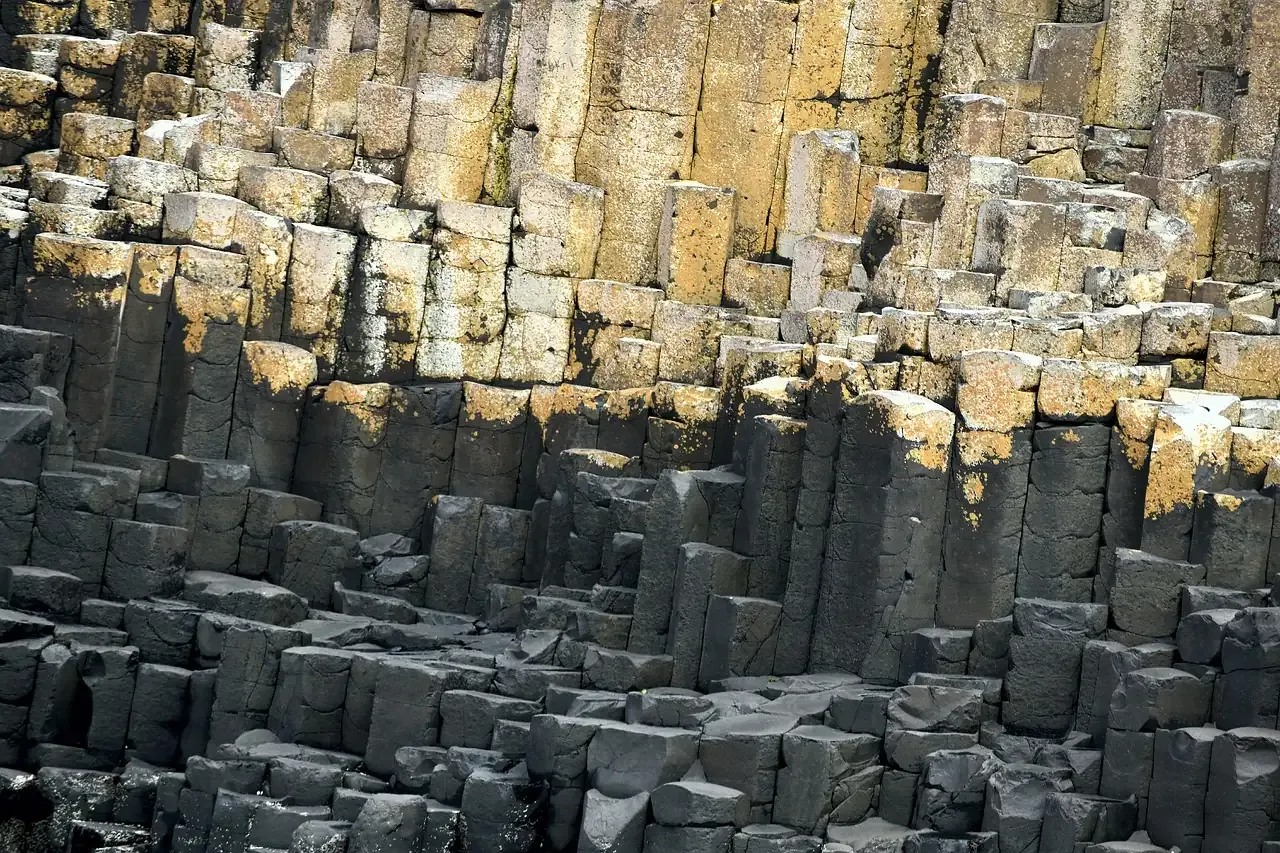 Wall of basalt columns at the Giant's Causeway in Northern Ireland