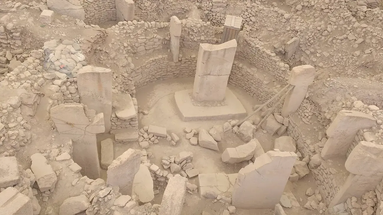 Dry-stone enclosure walls and T-shaped pillars at Gobekli Tepe in Sanliurfa province