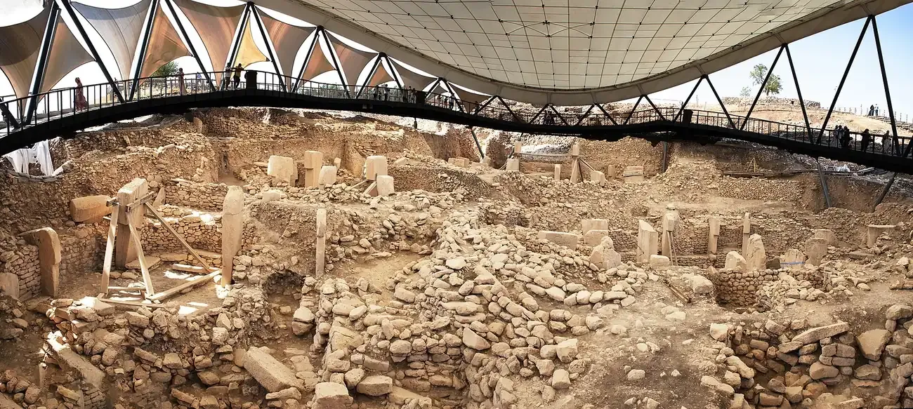 The T-shaped pillars of Gobekli Tepe under their protective canopy in Sanliurfa province