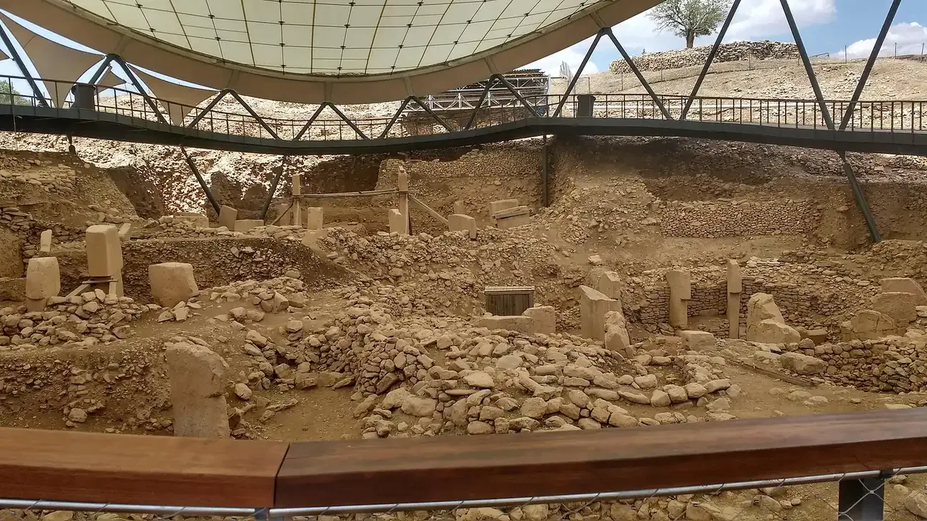 The main excavation area of Gobekli Tepe seen from the visitor walkway in Sanliurfa province