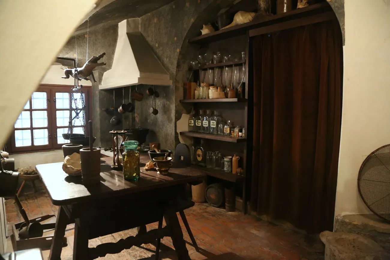 Historic apothecary interior with glass jars, a mortar and a hanging crocodile at the Golden Eagle Pharmacy Museum in Budapest