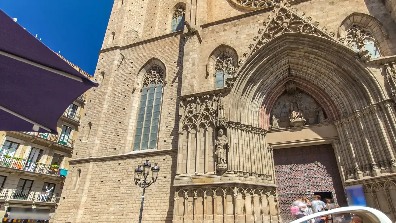 The Gothic portal of the Santa Maria del Mar basilica in Barcelona