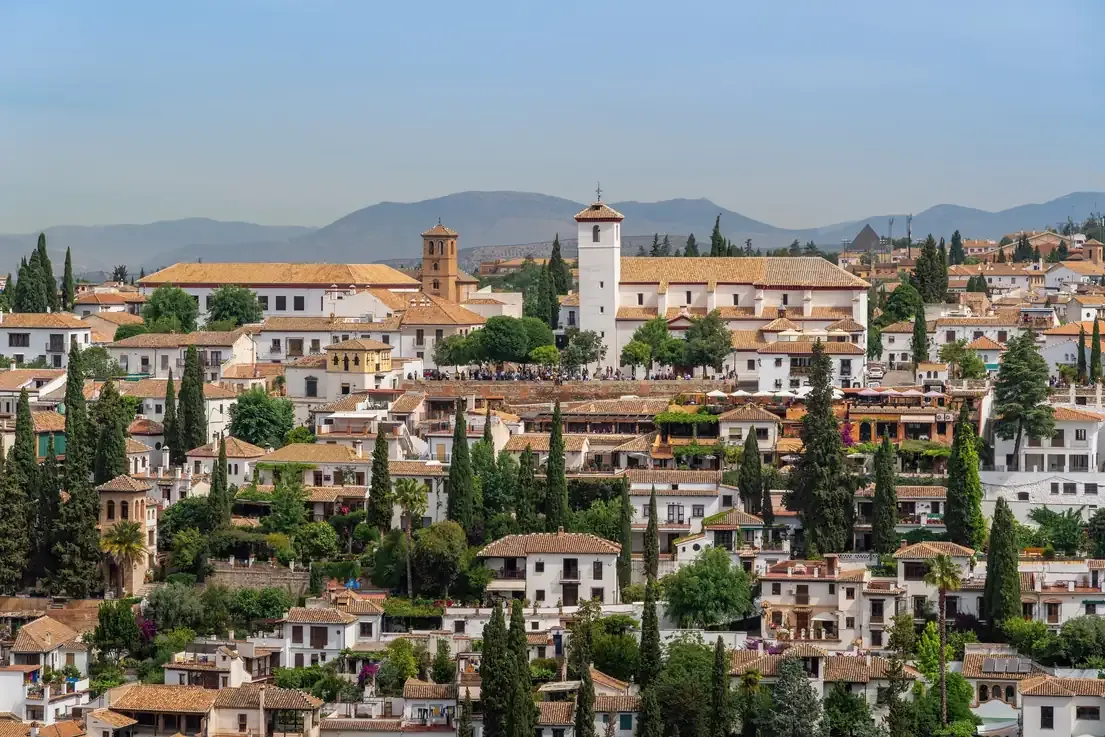 Aerial view of the San Nicolas viewpoint and church in the Albaicin, Granada