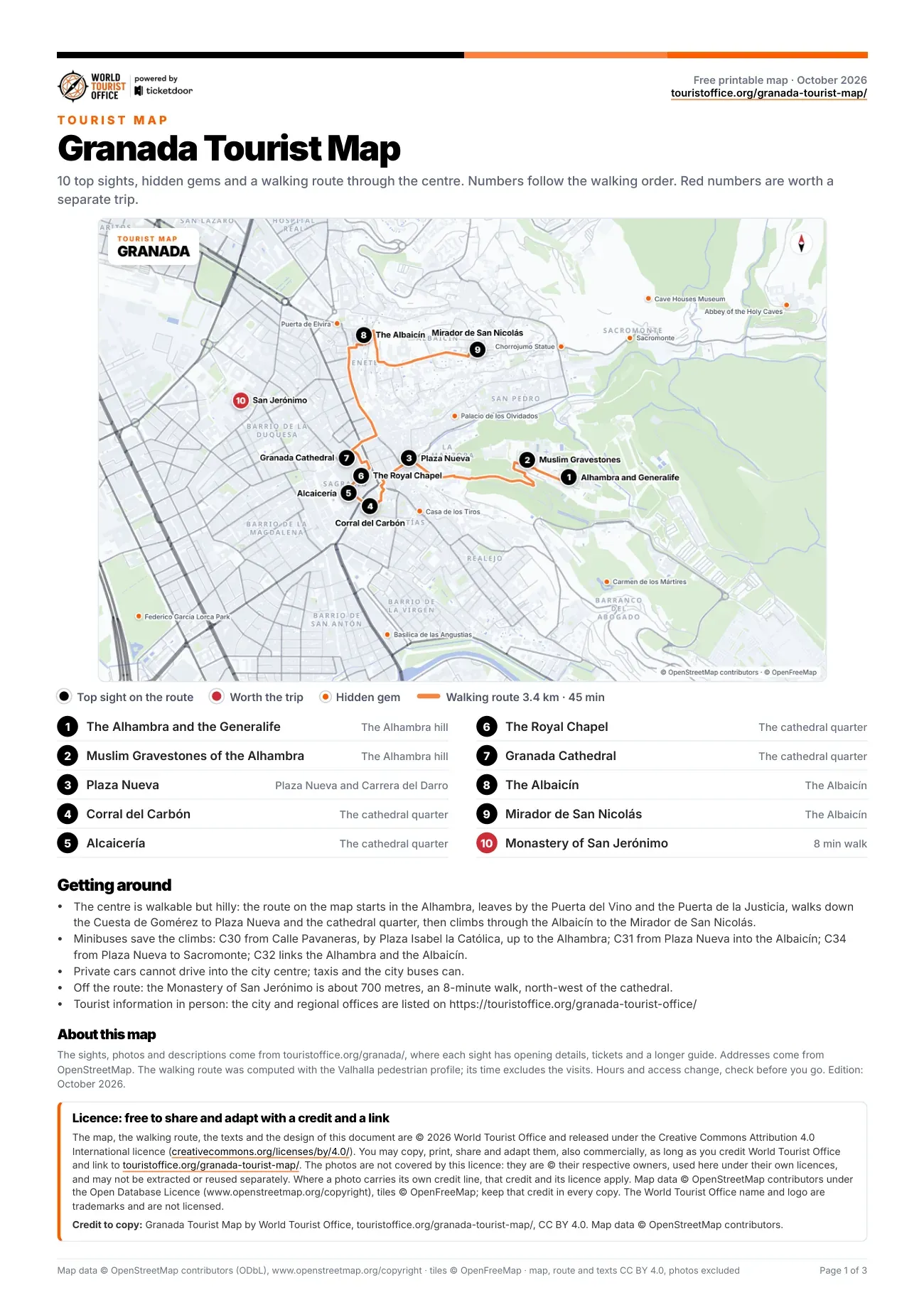 Page 1 of the free printable Granada tourist map PDF