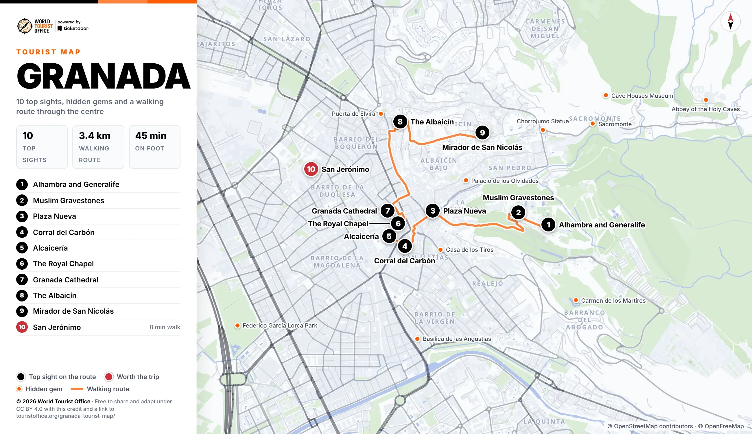 Granada tourist map with 10 numbered top sights, hidden gems and a walking route