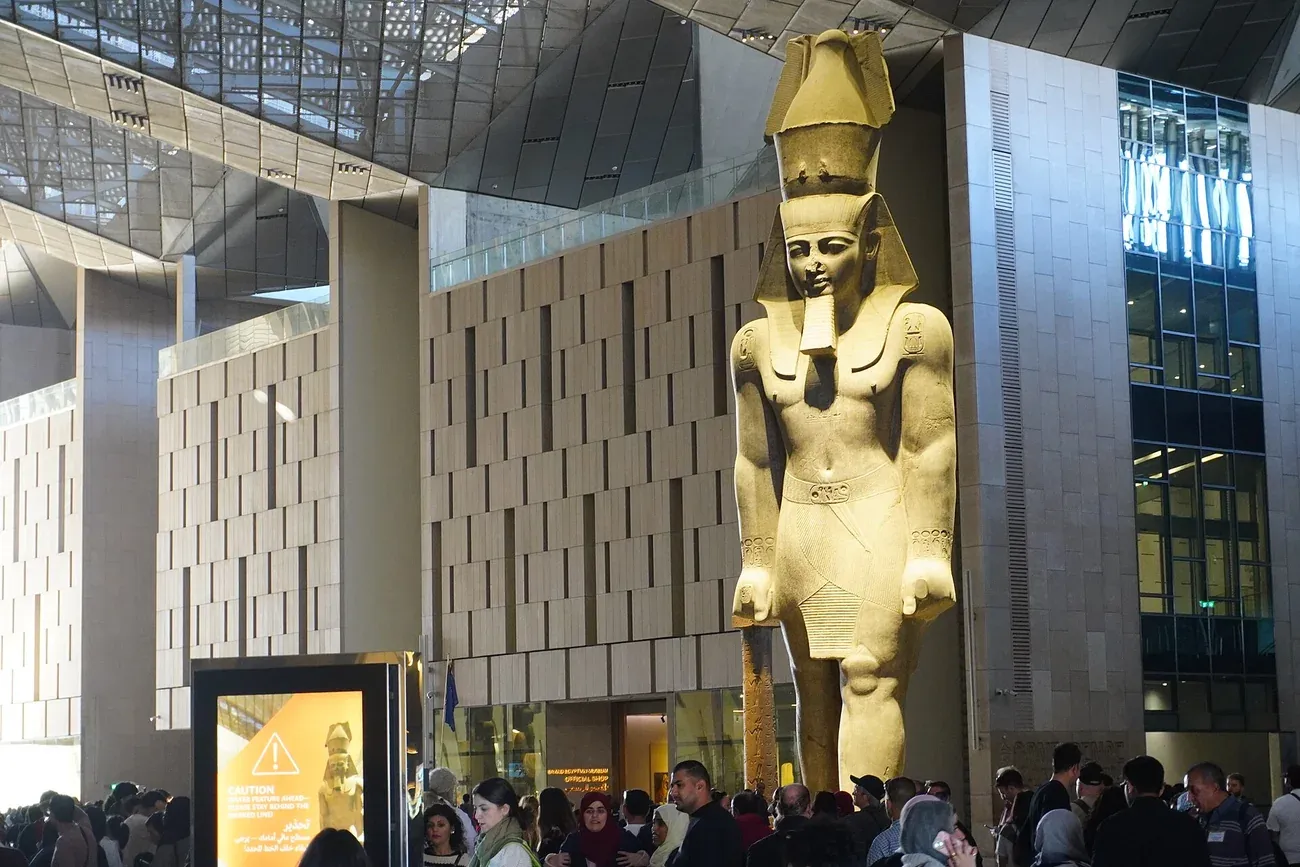 The colossus of Ramesses II in the entrance hall of the Grand Egyptian Museum at Giza