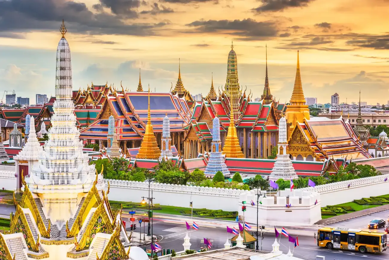 The Grand Palace skyline in Bangkok at sunset