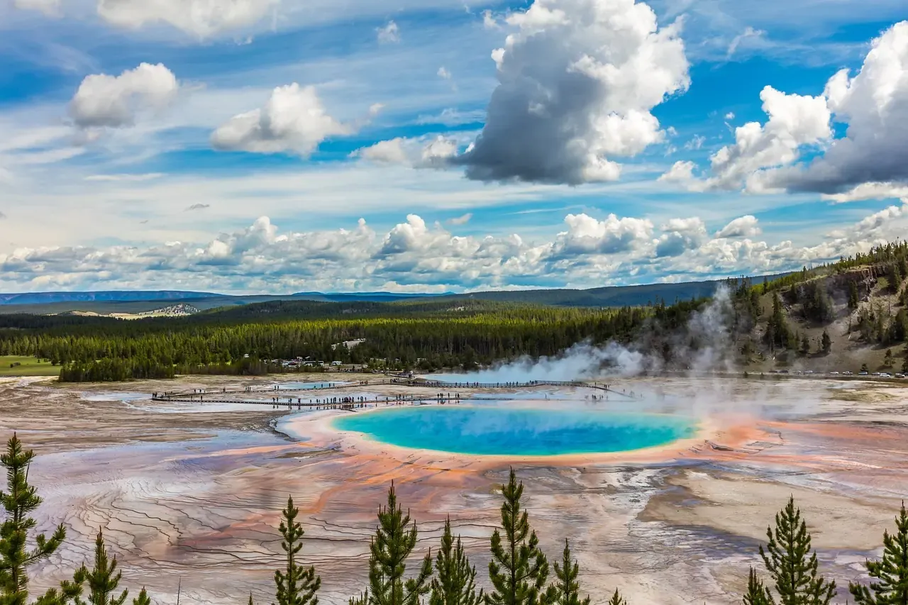 The blue centre and orange rim of the Grand Prismatic Spring in Yellowstone, Wyoming