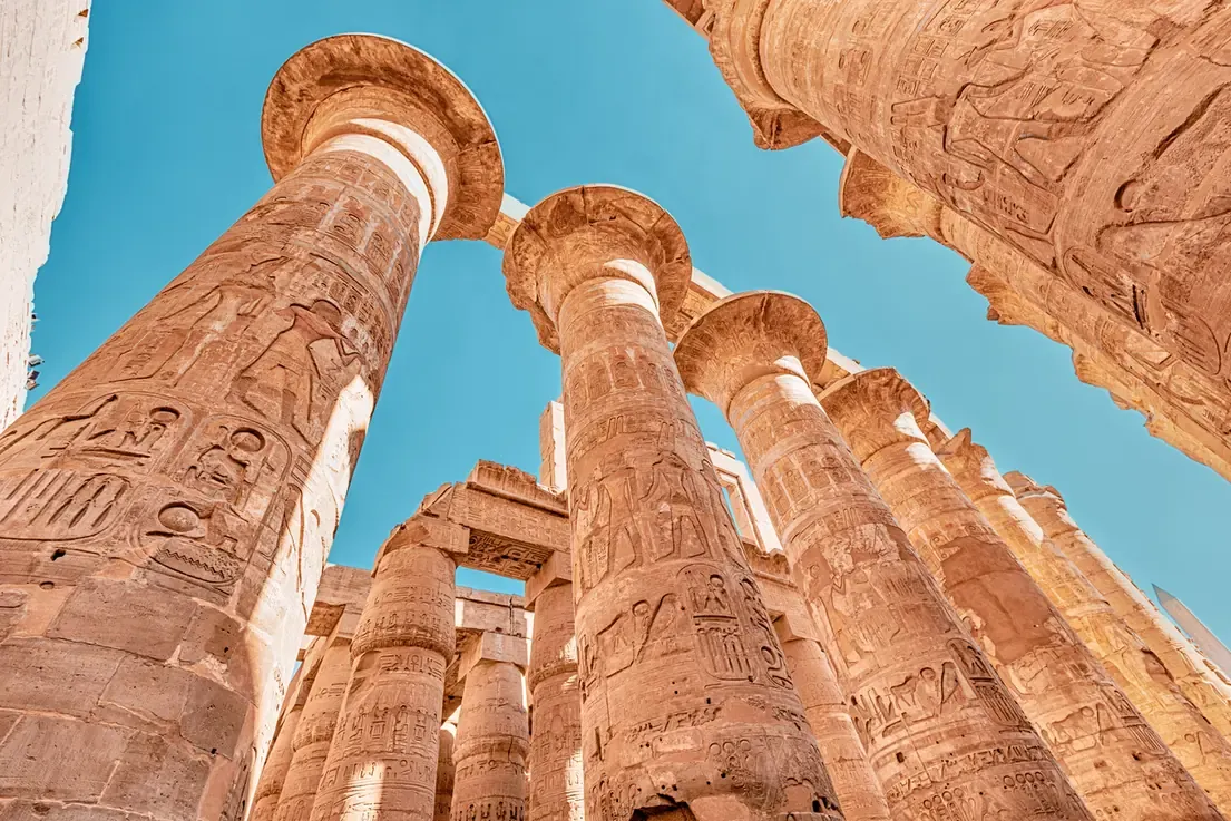 The columns of the Great Hypostyle Hall at Karnak Temple in Luxor