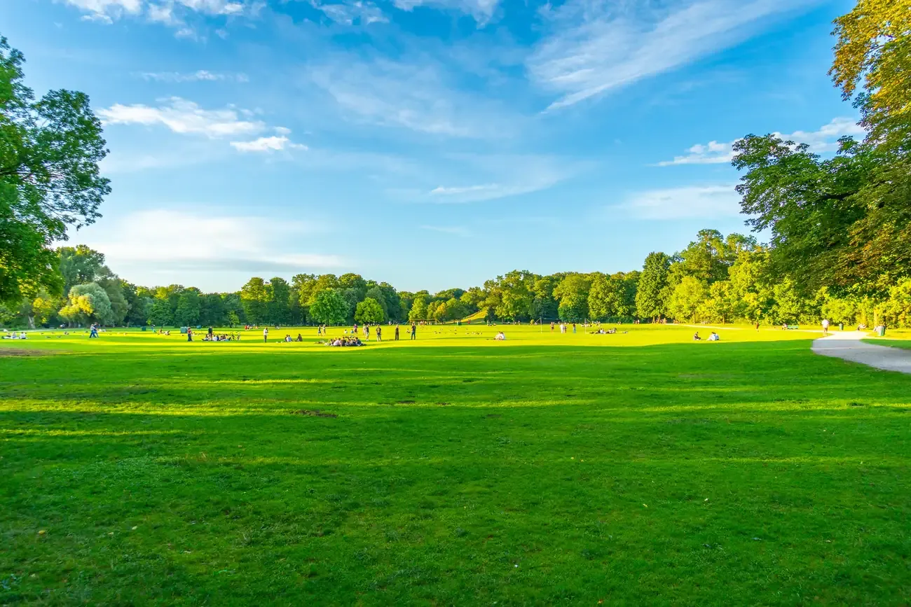 Wide green meadow with people walking on a sunny evening in the Englischer Garten in Munich