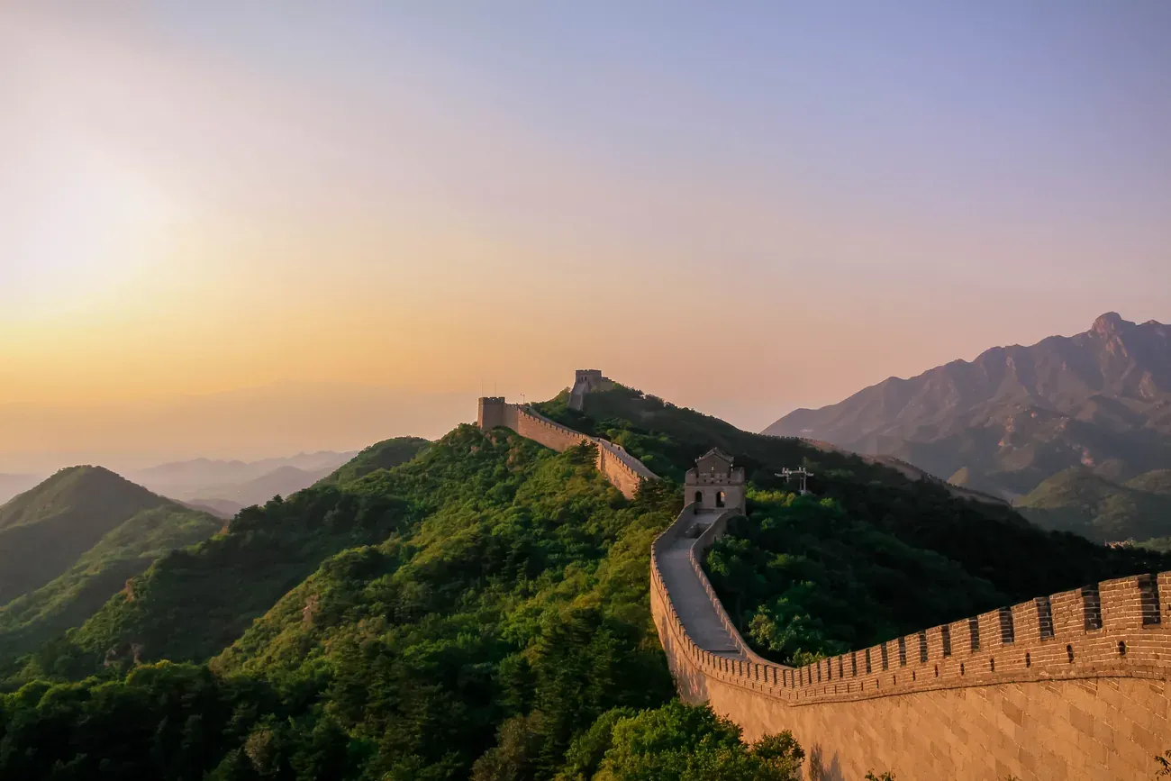 Aerial view of the Great Wall of China at sunset