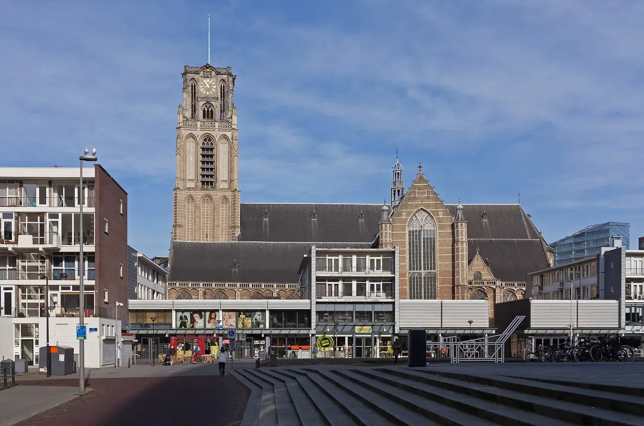 The tower of the Grote of Sint-Laurenskerk rising above the square in central Rotterdam
