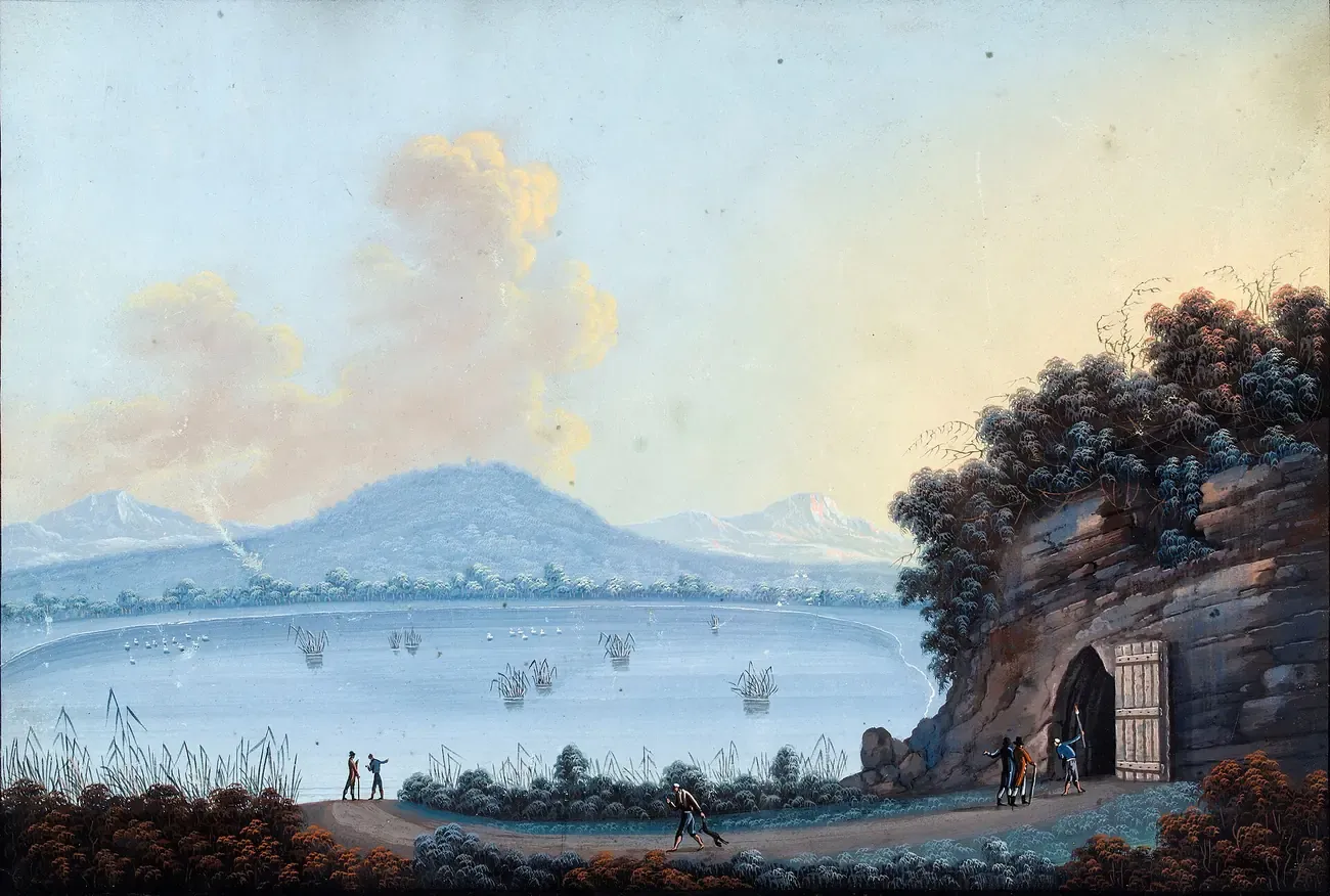 Historic gouache of the Grotta del Cane by Lake Agnano with a guide carrying a dog toward the cave entrance