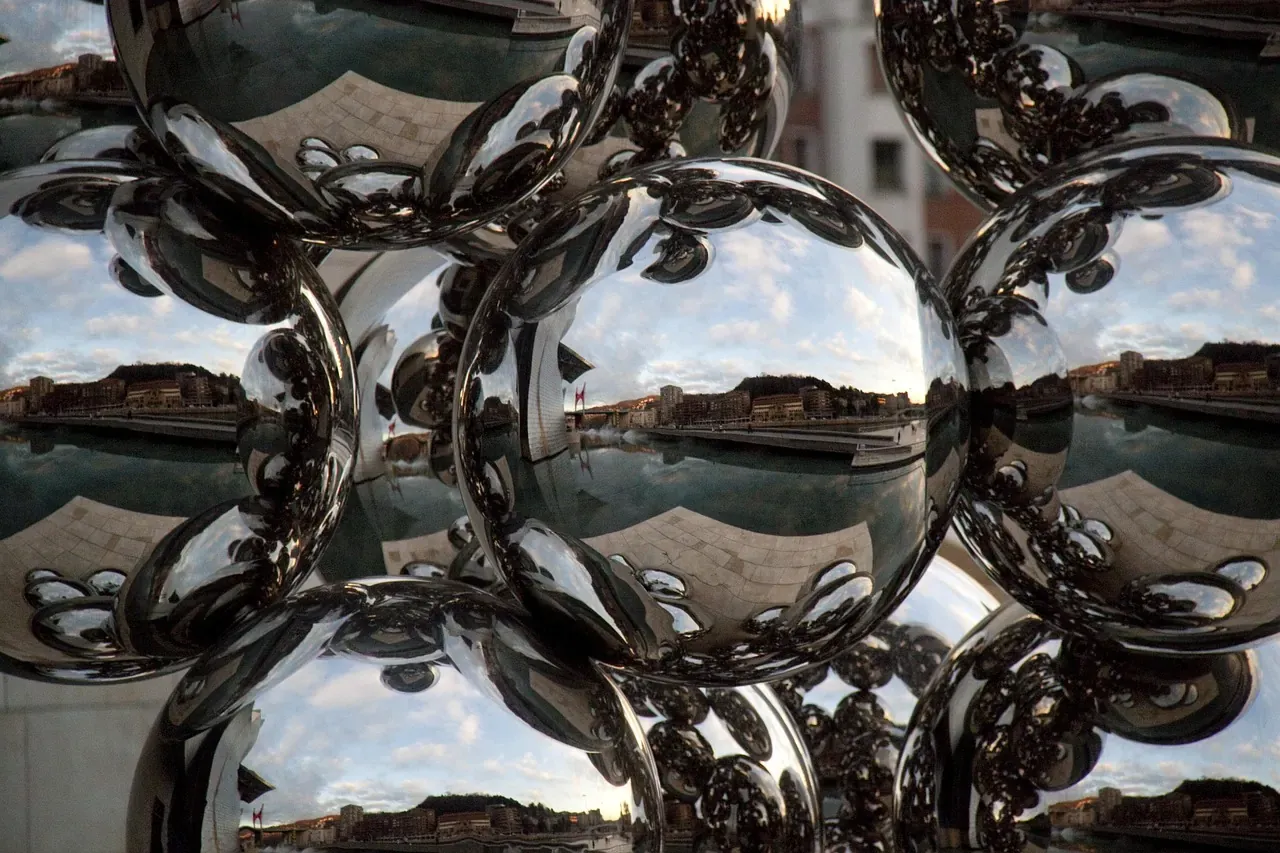 Mirrored steel spheres on the terrace of the Guggenheim Museum Bilbao