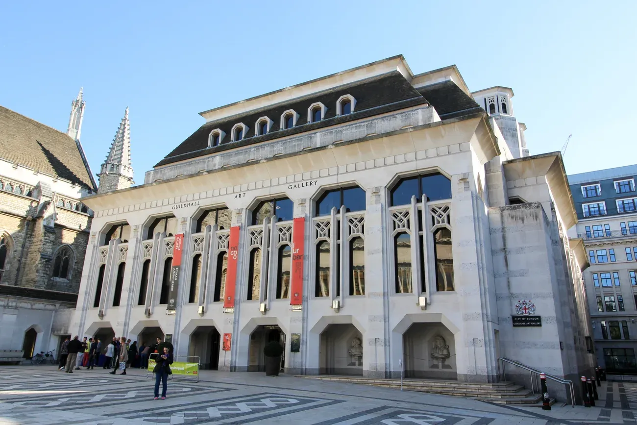 The stone facade of Guildhall Art Gallery on Guildhall Yard in the City of London