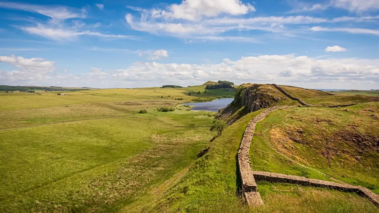 Hadrian's Wall running across the Northumberland landscape