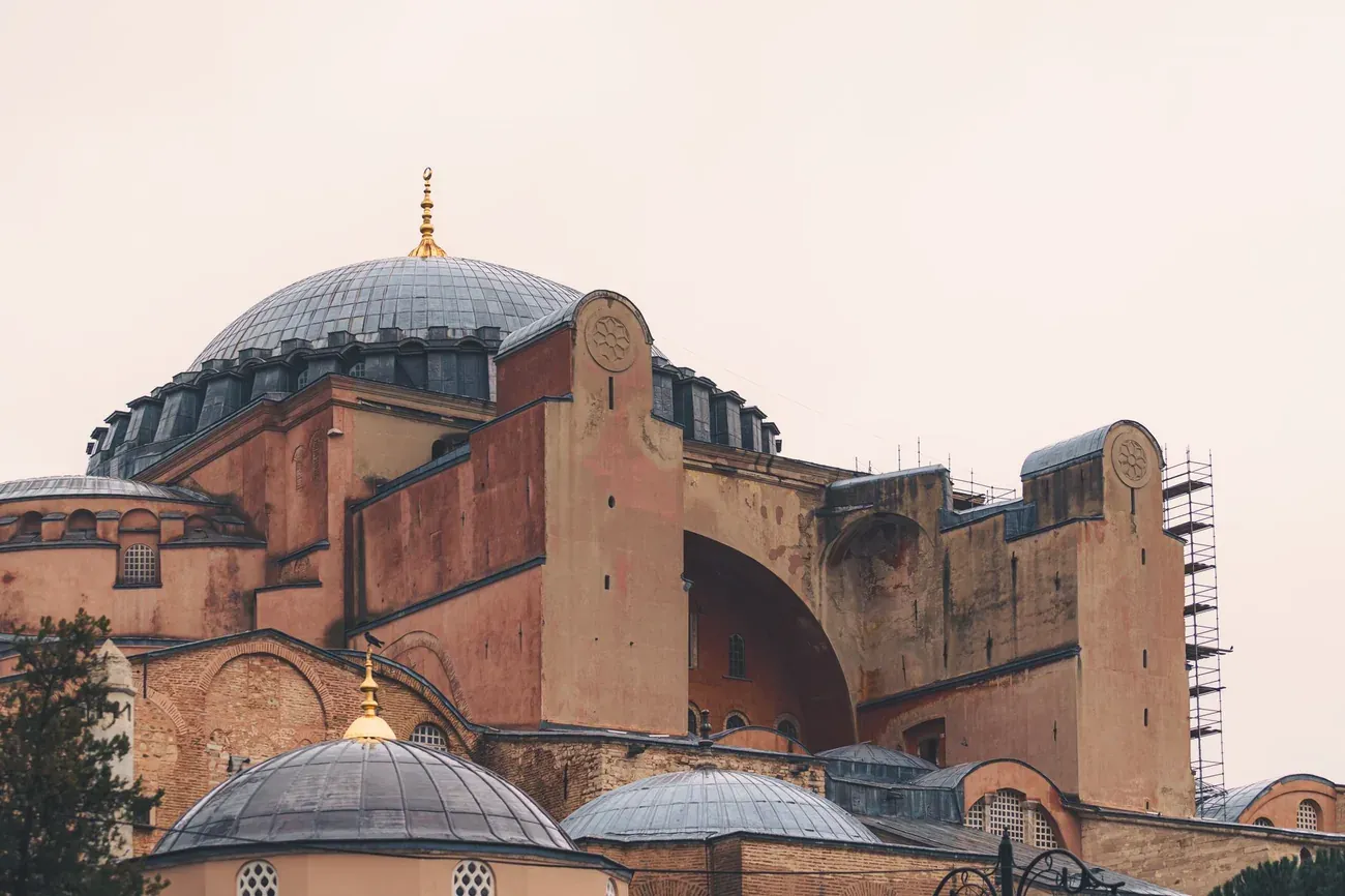 Detailed exterior view of Hagia Sophia's dome and stonework