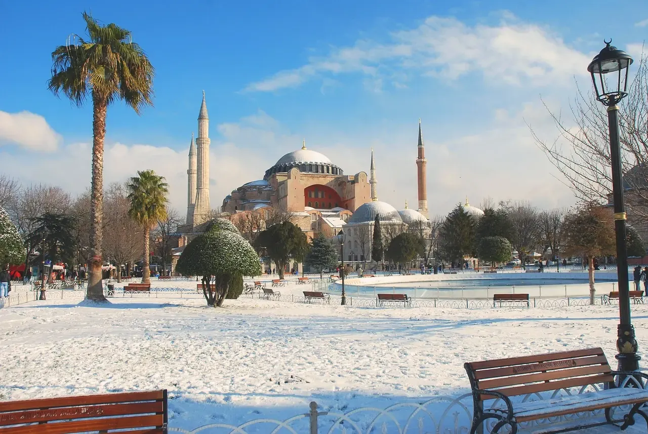 Hagia Sophia seen across the snow-covered Sultanahmet park