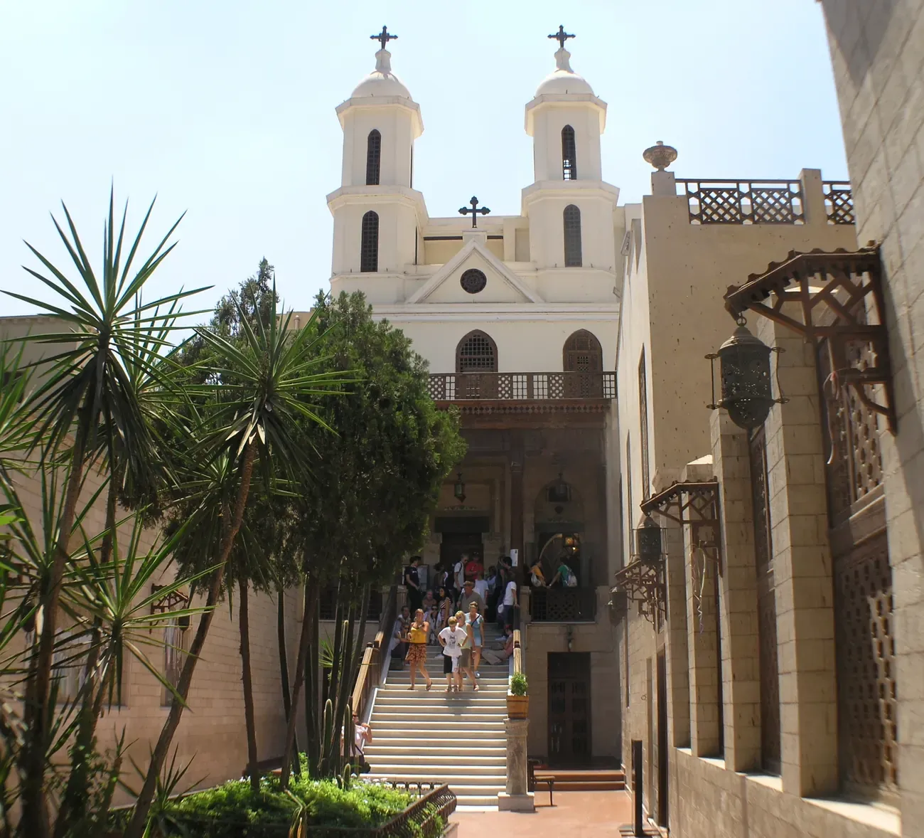 The twin-towered Hanging Church seen up its courtyard steps in Coptic Cairo