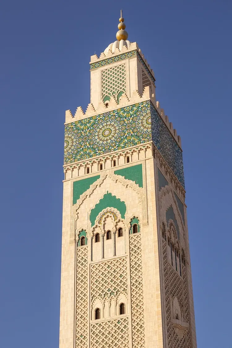 The tiled minaret of the Hassan II Mosque in Casablanca