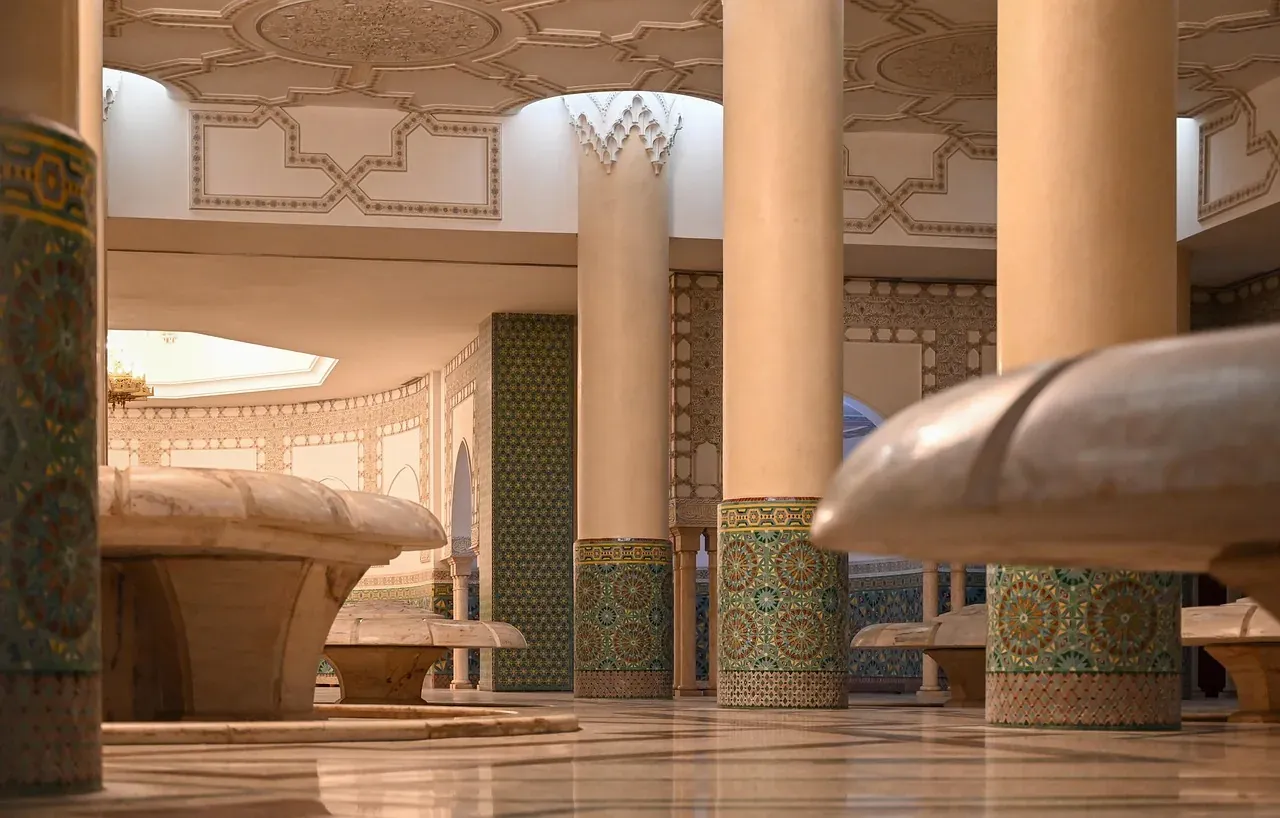 Marble columns inside the prayer hall of the Hassan II Mosque in Casablanca