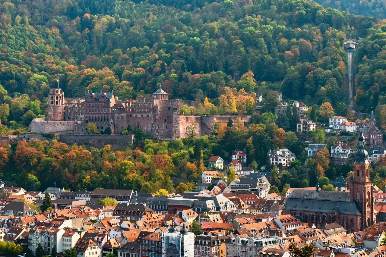 Heidelberg Castle seen above the roofs of the old town