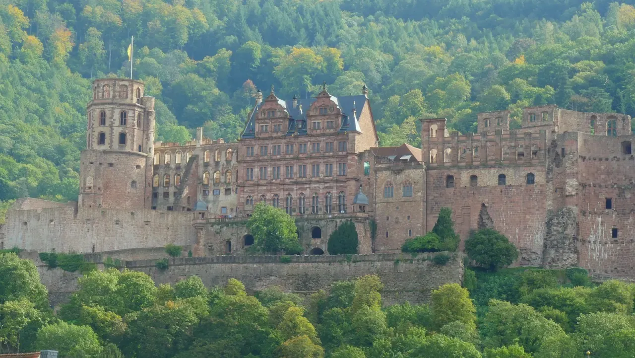 The ruined wings of Heidelberg Castle seen from the hillside