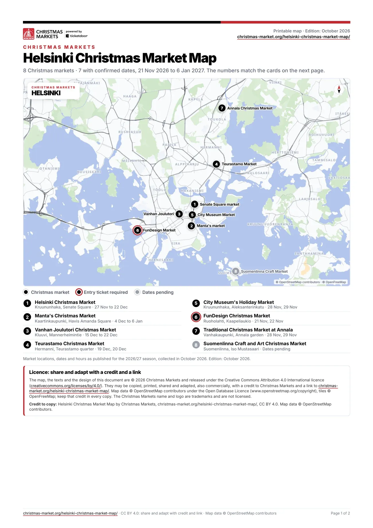 Page 1 of the printable Helsinki Christmas market map PDF