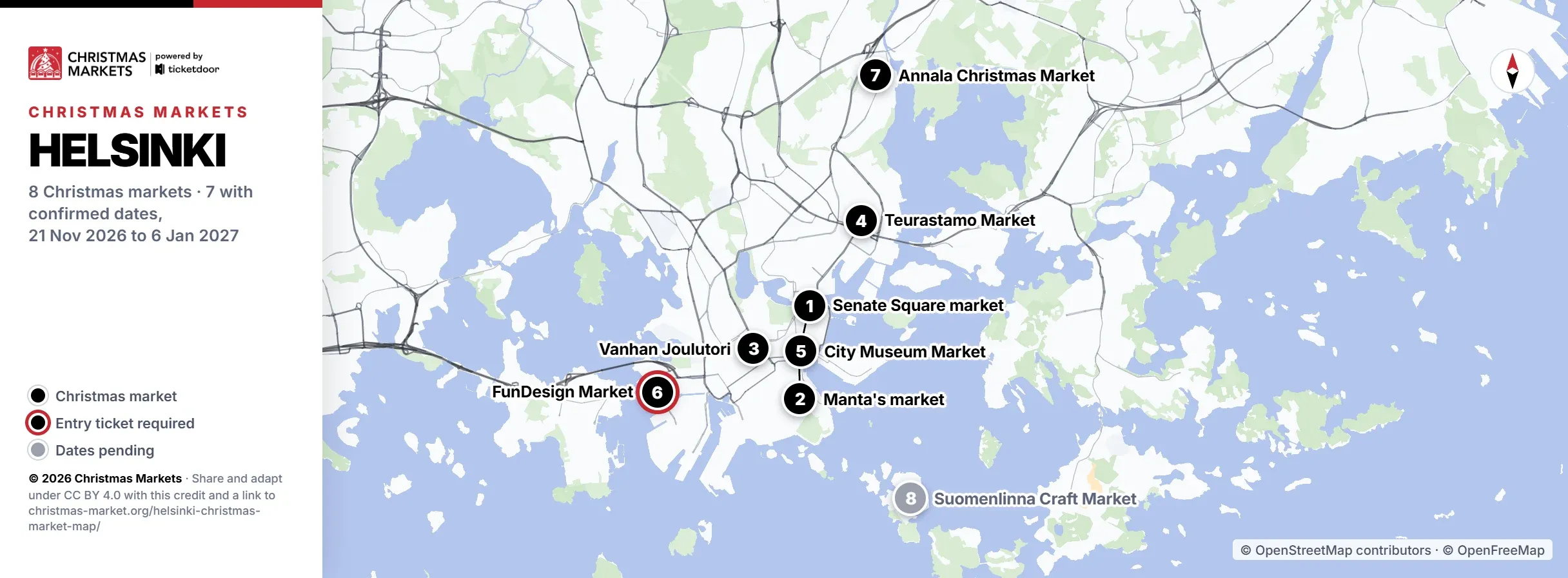 Helsinki Christmas market map with the 8 markets numbered