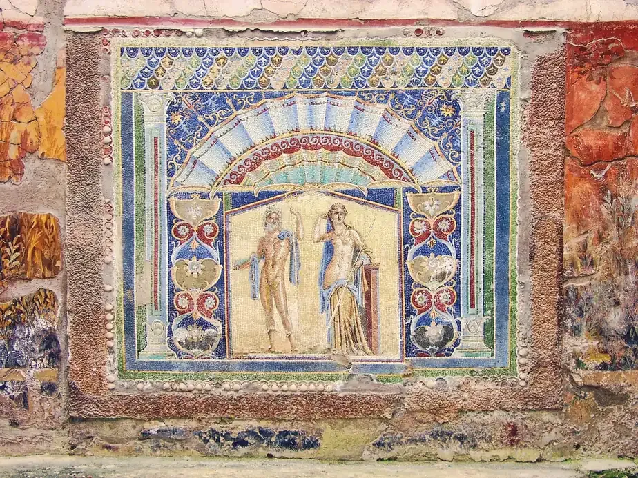 Ancient mosaic of Neptune and Amphitrite in the House of Neptune and Amphitrite at Herculaneum