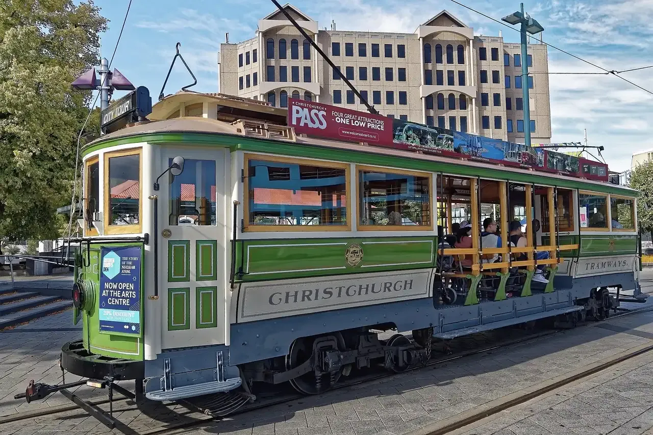 A heritage tram running through central Christchurch