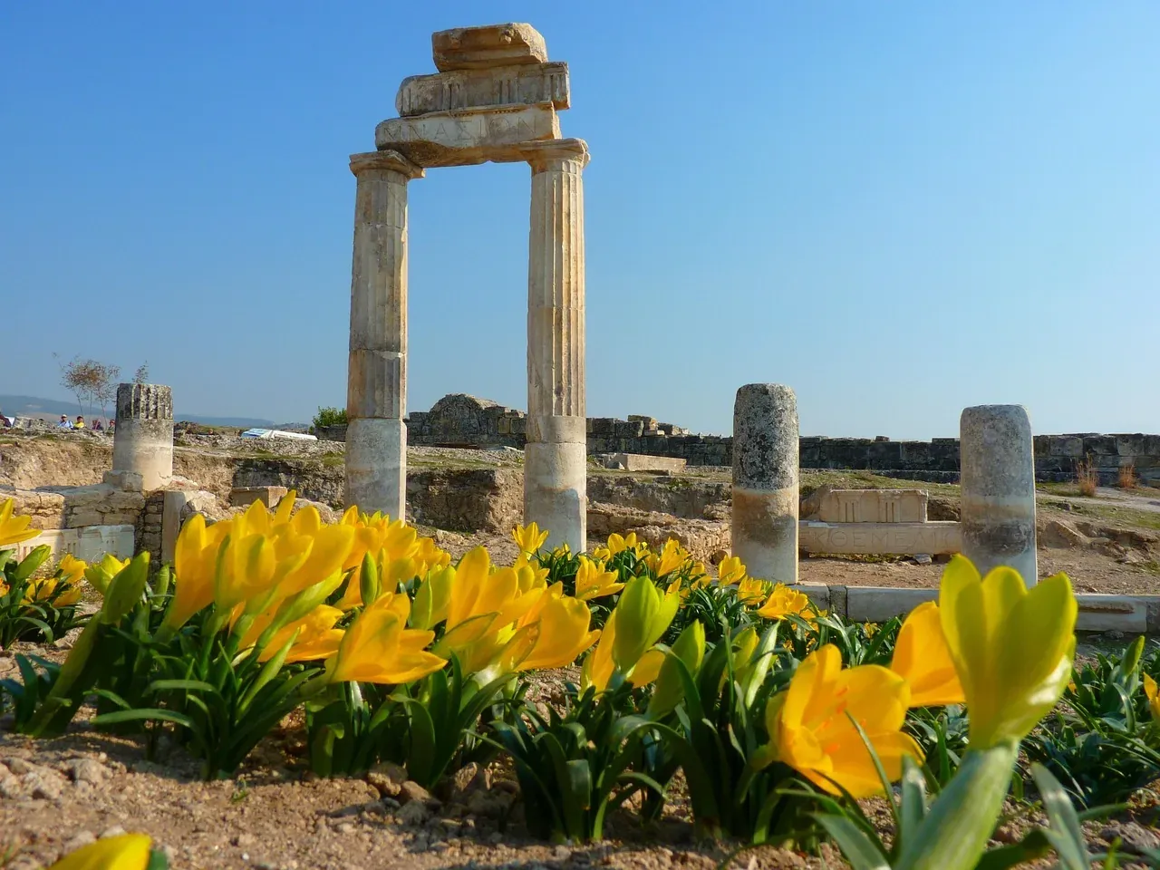 Standing columns of ancient Hierapolis above the Pamukkale terraces