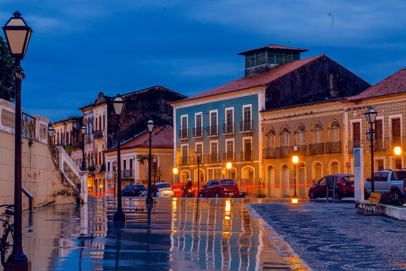 Colonial houses along a wet street in the historic centre of Sao Luis