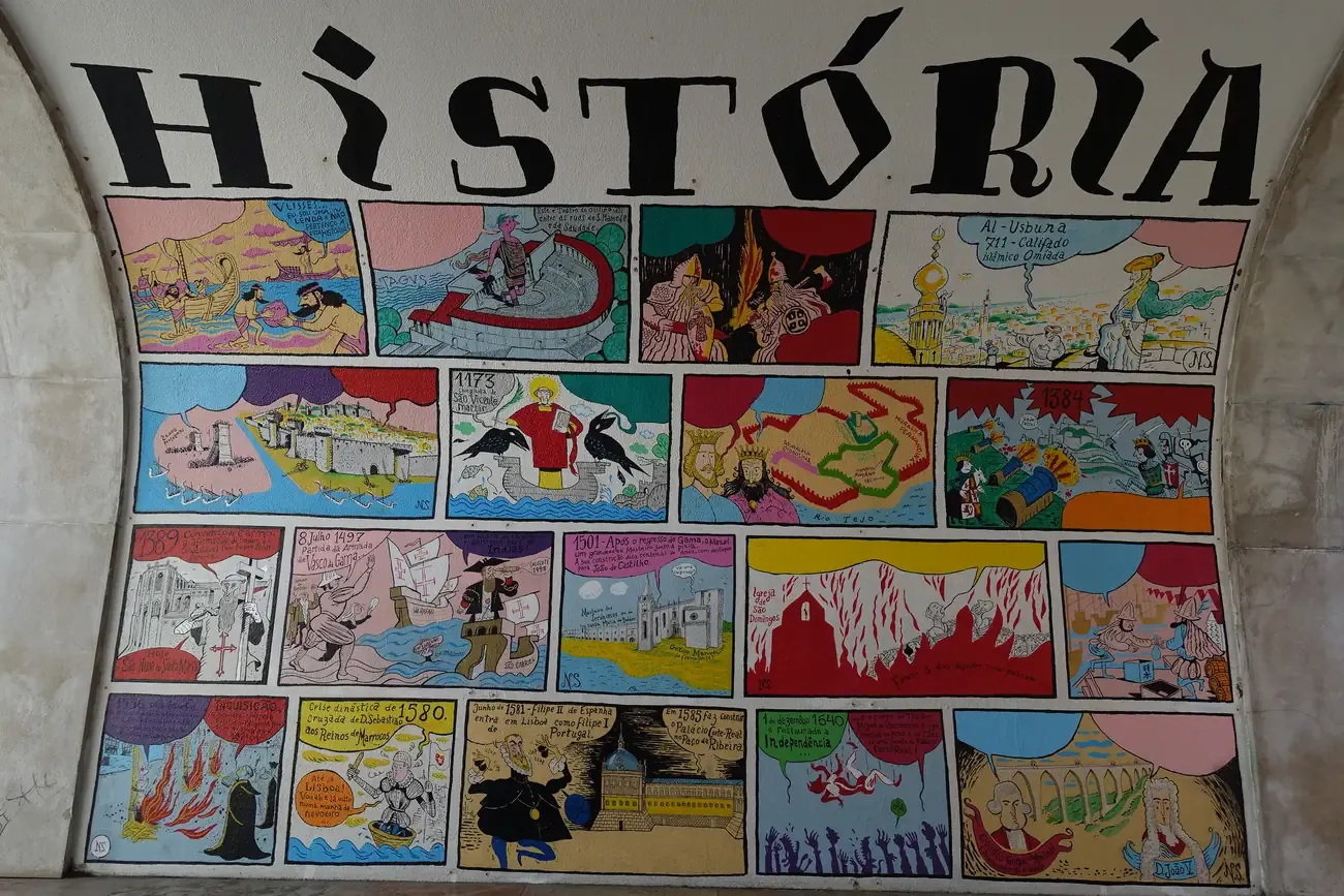 The comic-strip History of Lisbon mural by Nuno Saraiva covering the wall under the arch below the Miradouro das Portas do Sol in Lisbon