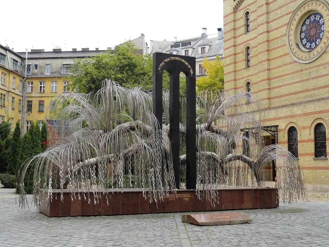 The steel weeping willow Holocaust Tree of Life Memorial in the courtyard of the Dohany Street Synagogue in Budapest