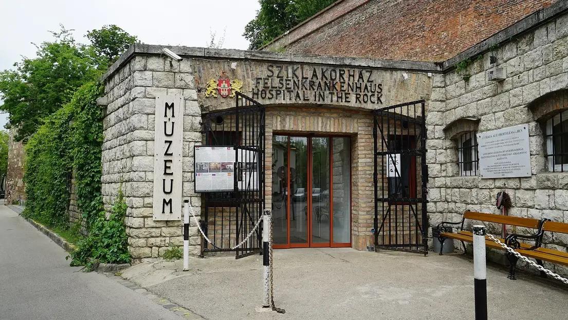 The stone entrance of the Hospital in the Rock nuclear bunker museum on Castle Hill in Budapest
