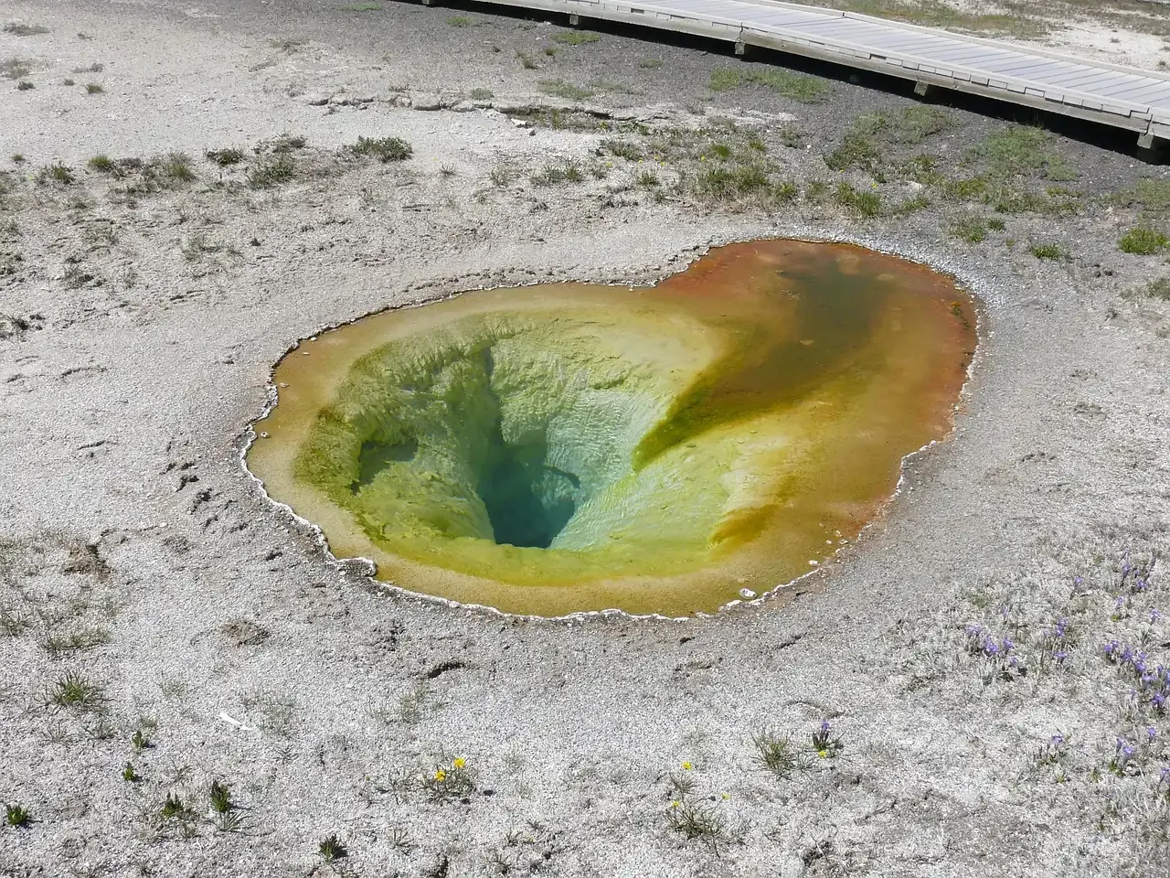 A coloured hot spring pool in a geyser basin in Yellowstone, Wyoming