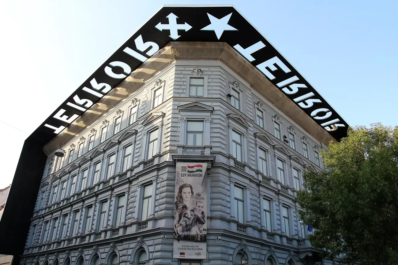 The facade of the House of Terror museum on Andrassy Avenue in Budapest with its black TERROR cornice
