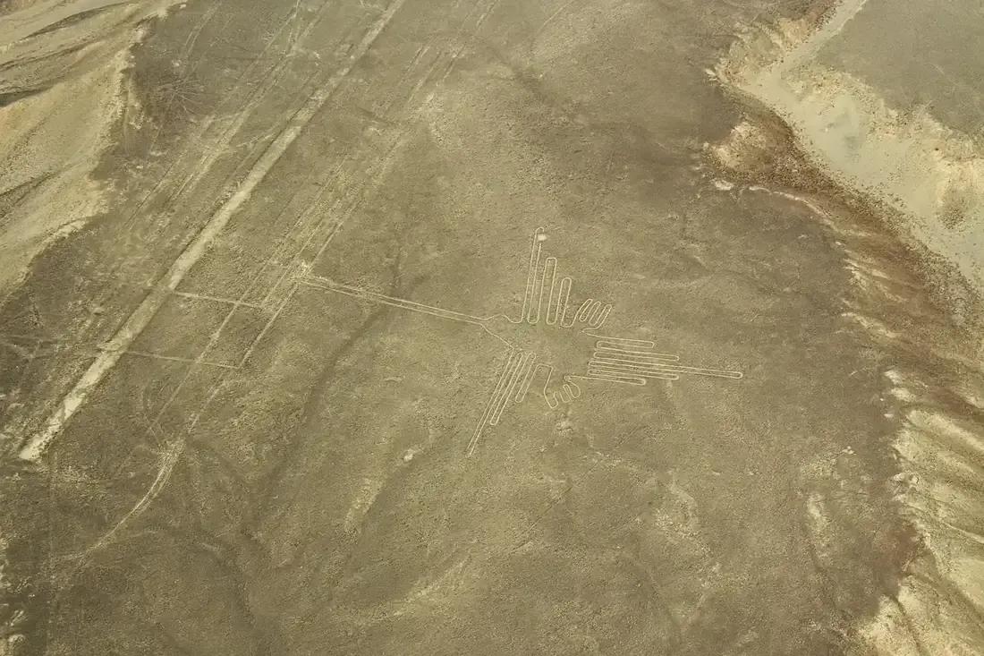 Aerial view of the hummingbird and straight lines on the Nazca plateau
