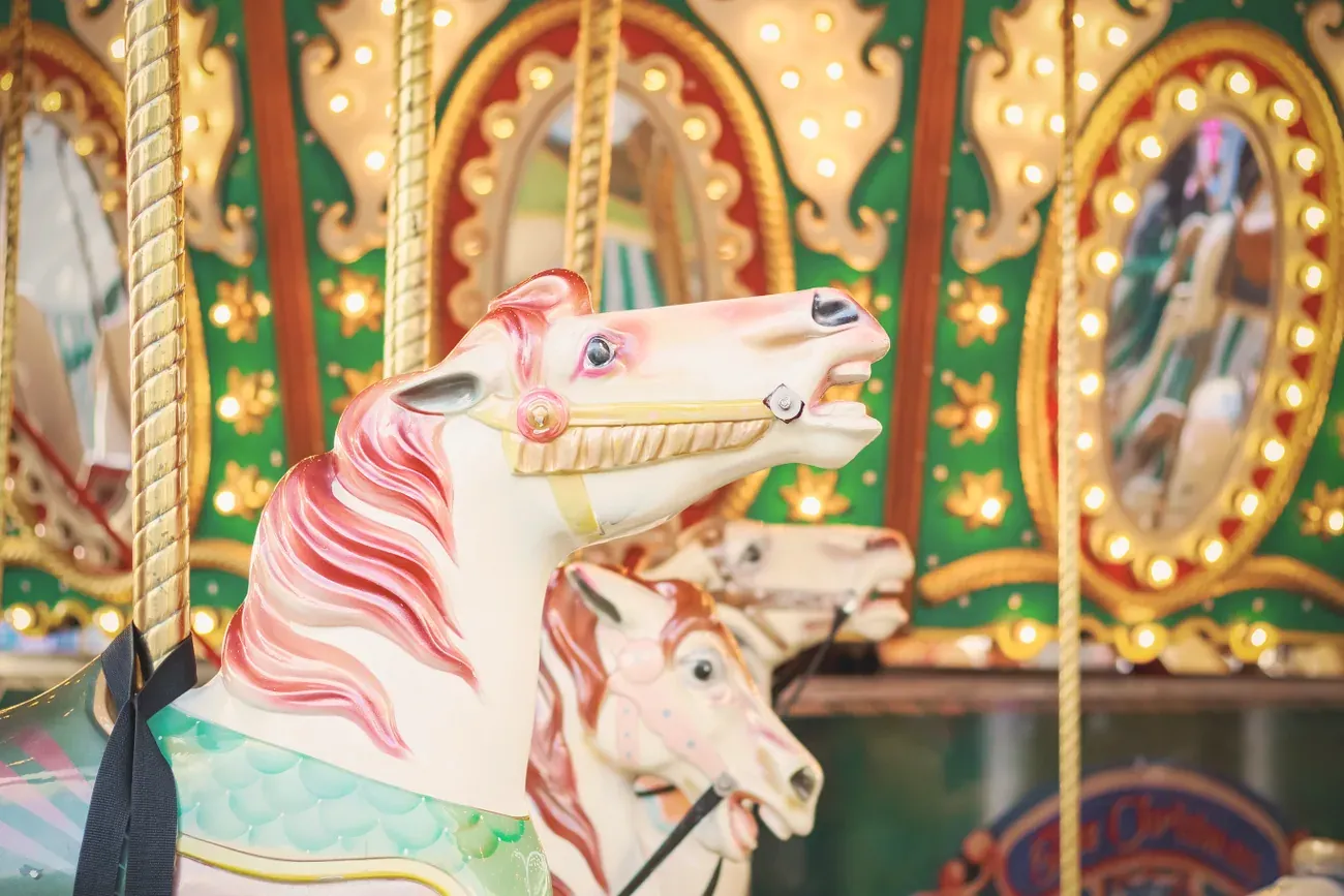 Painted horse on a vintage carousel at Hyde Park Winter Wonderland in London