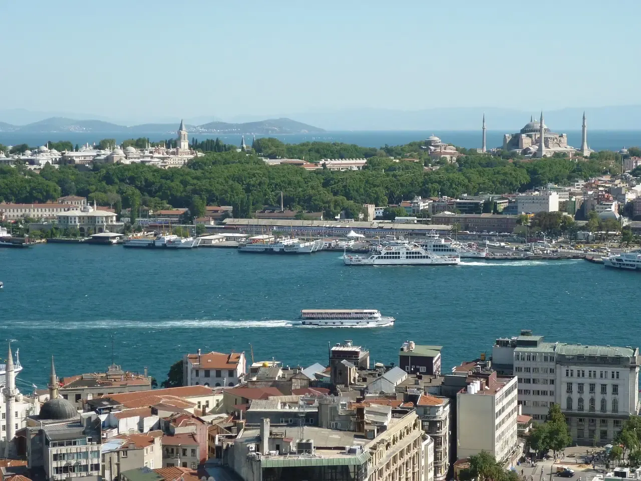 Ferries crossing the Bosphorus below the old city of Istanbul