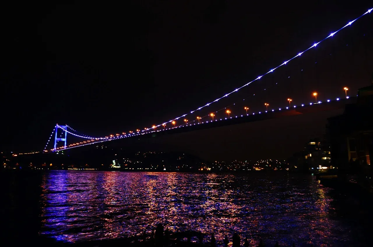 The suspension bridge over the Bosphorus lit at night in Istanbul