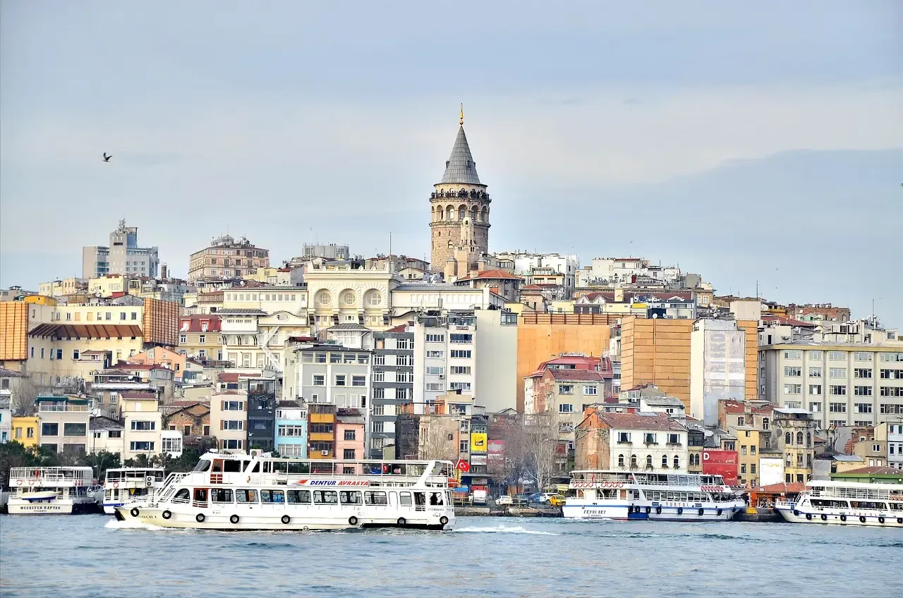 The Galata Tower behind the ferry piers of the Golden Horn in Istanbul