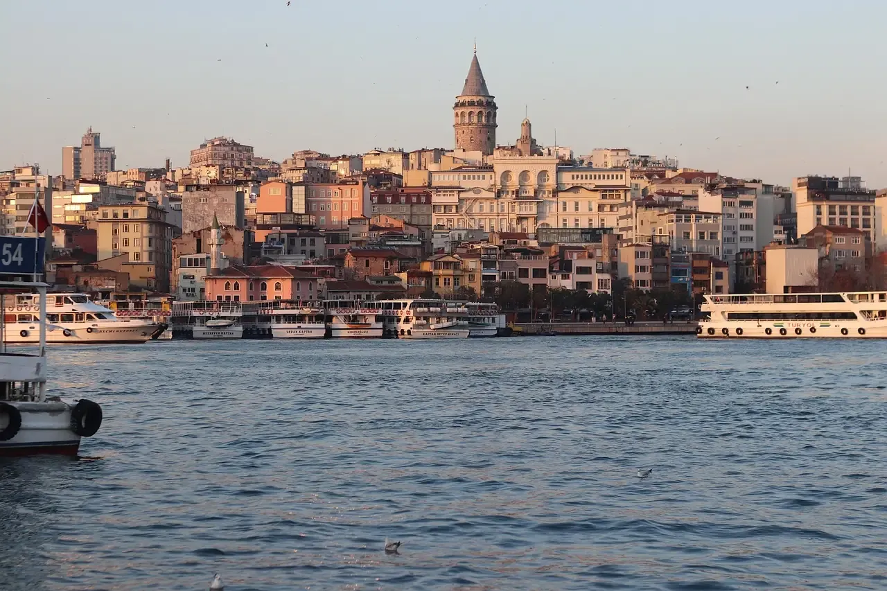 The Galata Tower on the Beyoglu skyline seen from the water in Istanbul